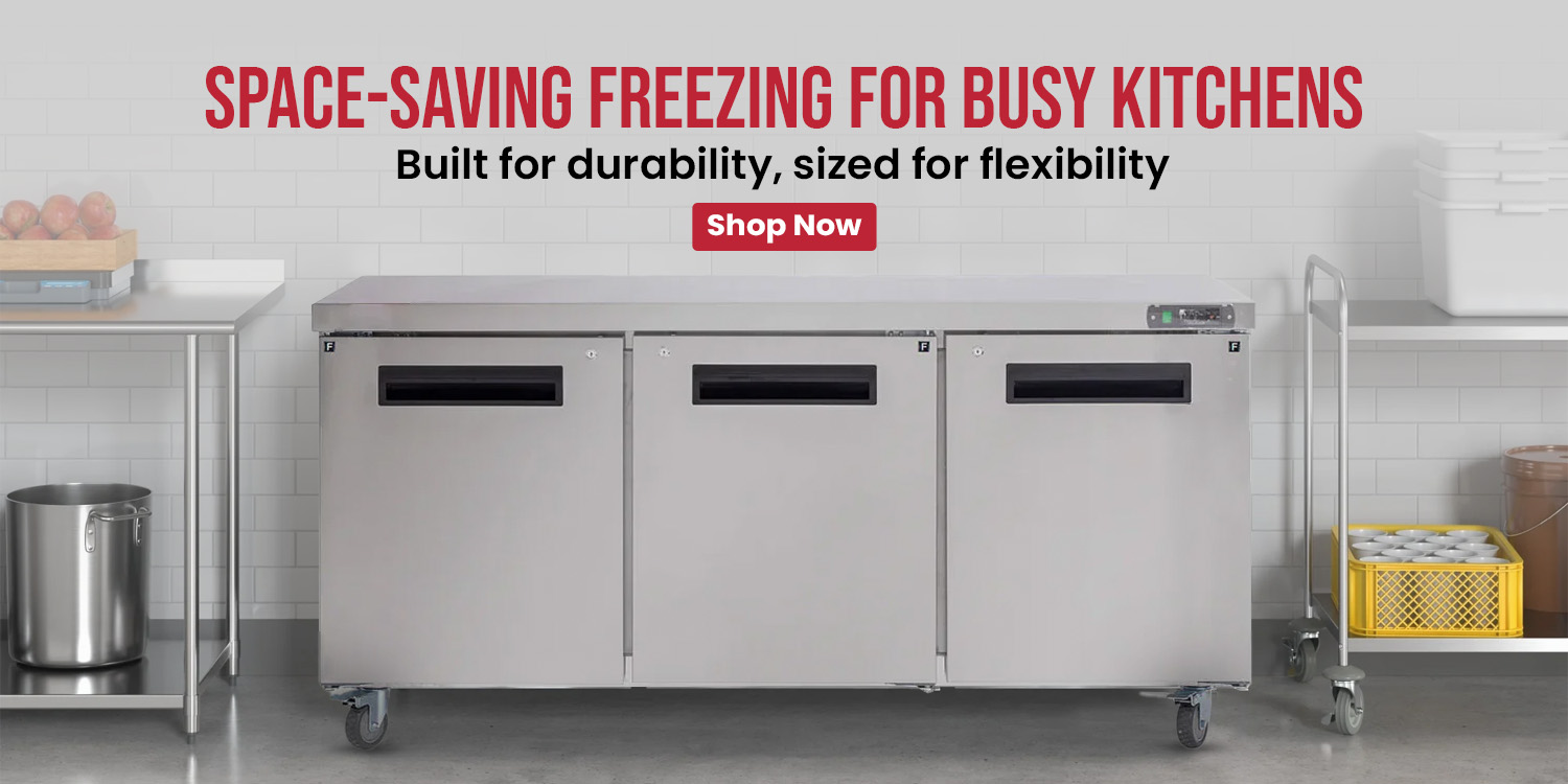 Undercounter freezer with three doors in a stainless kitchen setup, ideal for compact, high-efficiency commercial food storage.